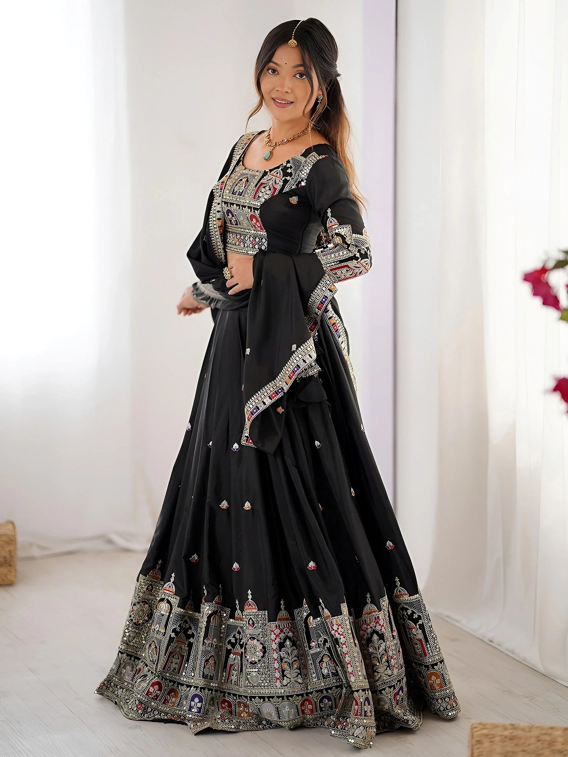 Regal Black Embroidered Crepe Silk Traditional Lehenga Choli With Dupatta