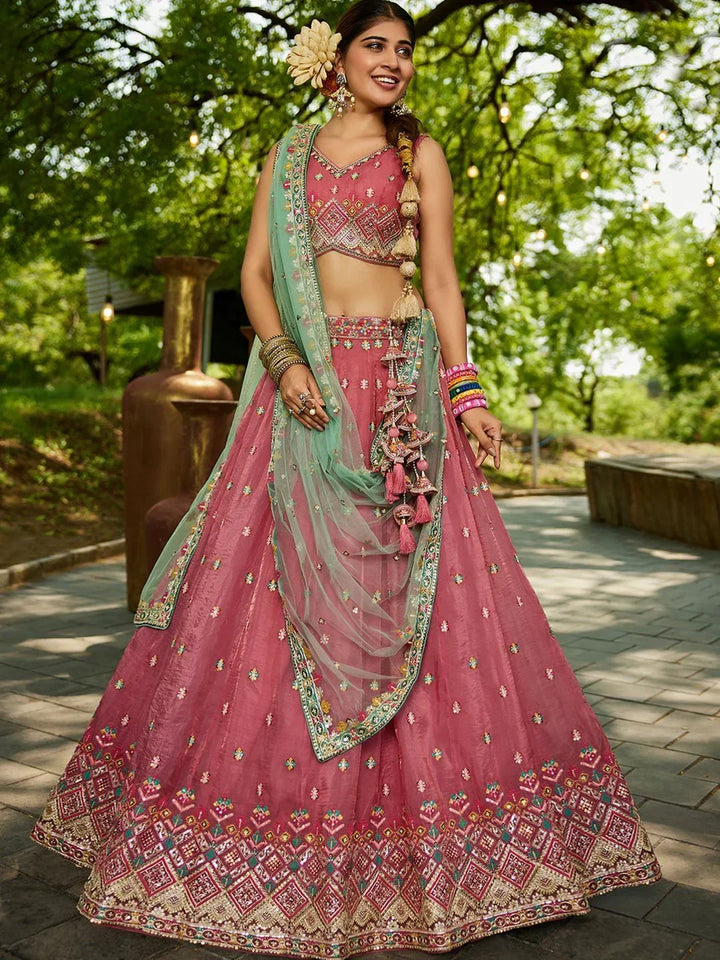 Regal Dusty Pink Thread Embroidery Tissue Event Wear Lehenga Choli - Zeel Clothing