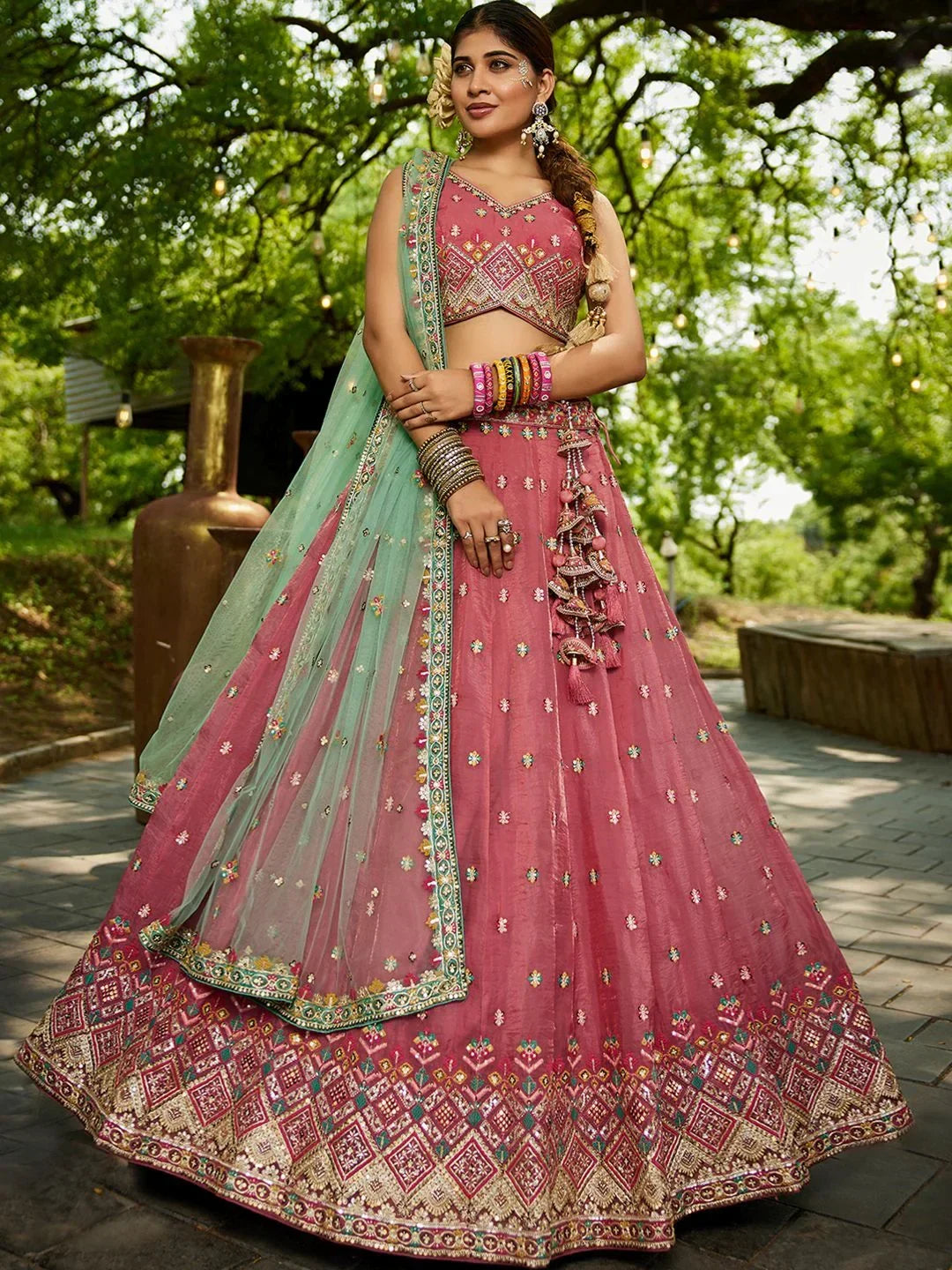 Regal Dusty Pink Thread Embroidery Tissue Event Wear Lehenga Choli - Zeel Clothing