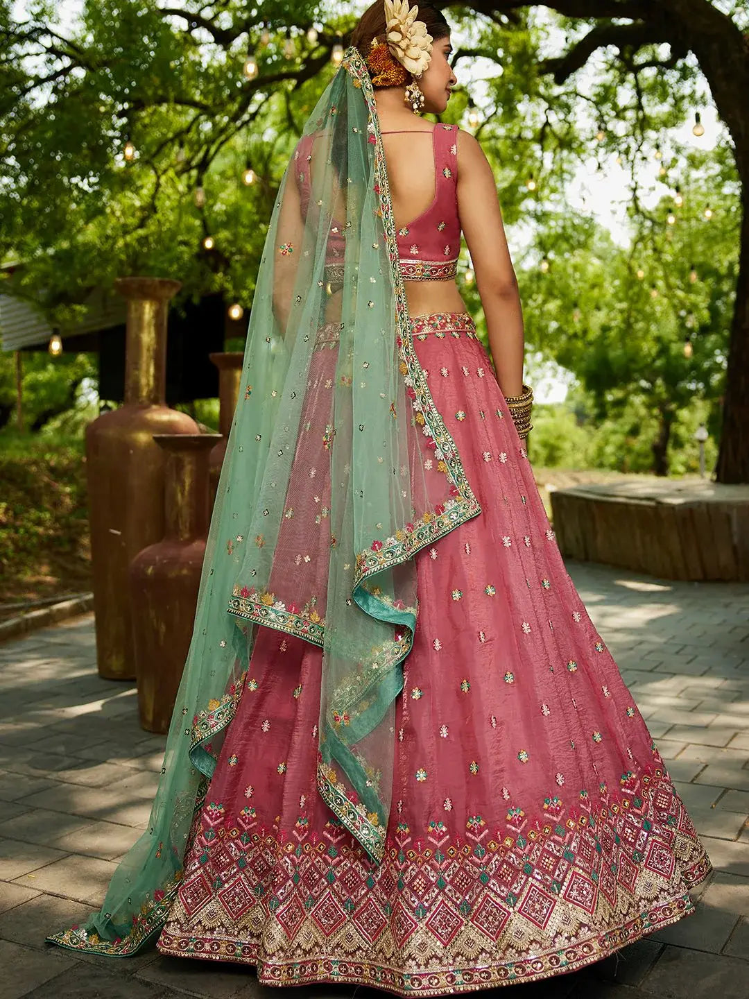 Regal Dusty Pink Thread Embroidery Tissue Event Wear Lehenga Choli - Zeel Clothing
