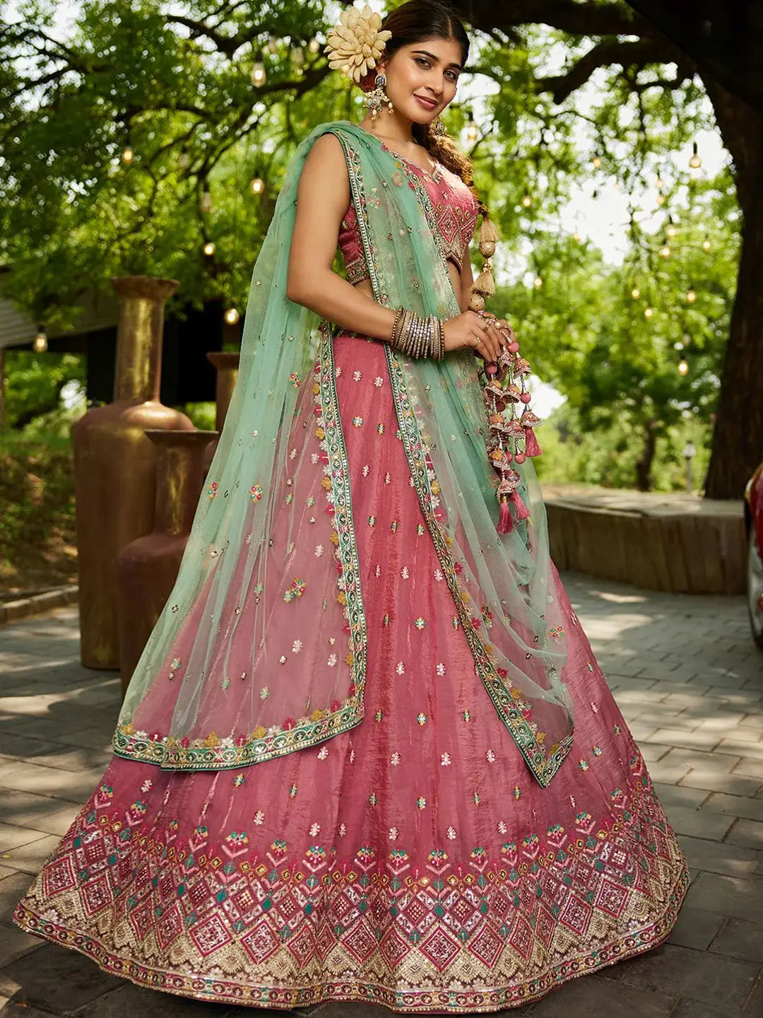 Regal Dusty Pink Thread Embroidery Tissue Event Wear Lehenga Choli - Zeel Clothing