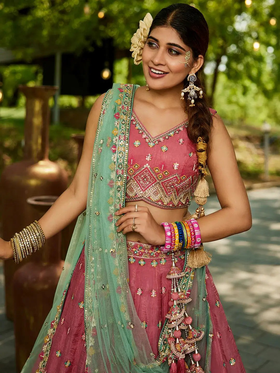 Regal Dusty Pink Thread Embroidery Tissue Event Wear Lehenga Choli - Zeel Clothing