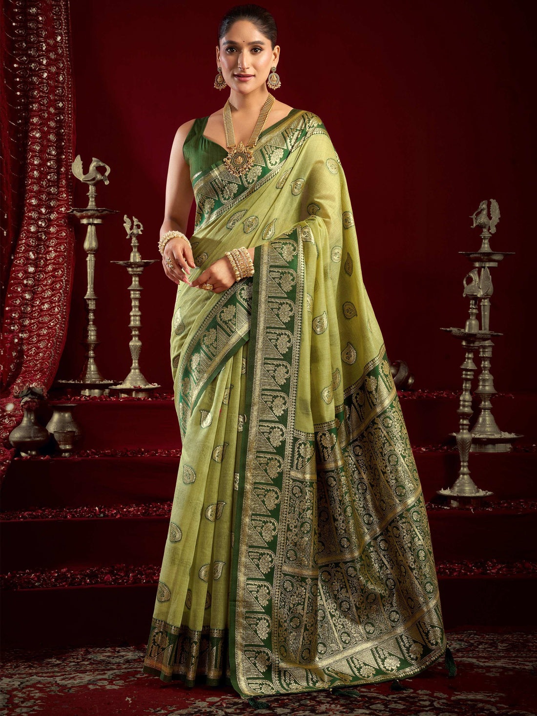 Regal Green Zari Weaving Banarasi Silk Mehendi Wear Saree With Blouse
