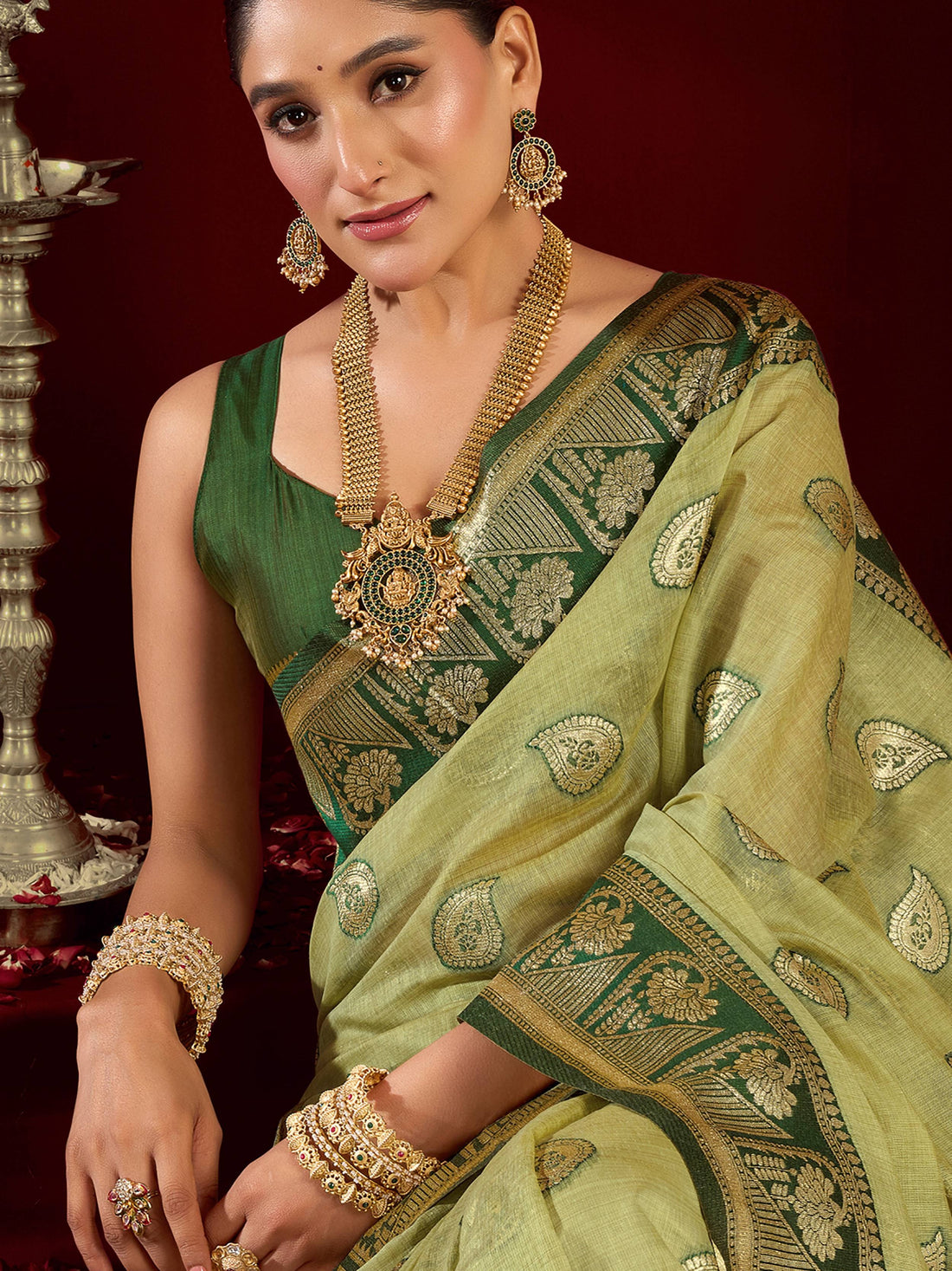 Regal Green Zari Weaving Banarasi Silk Mehendi Wear Saree With Blouse