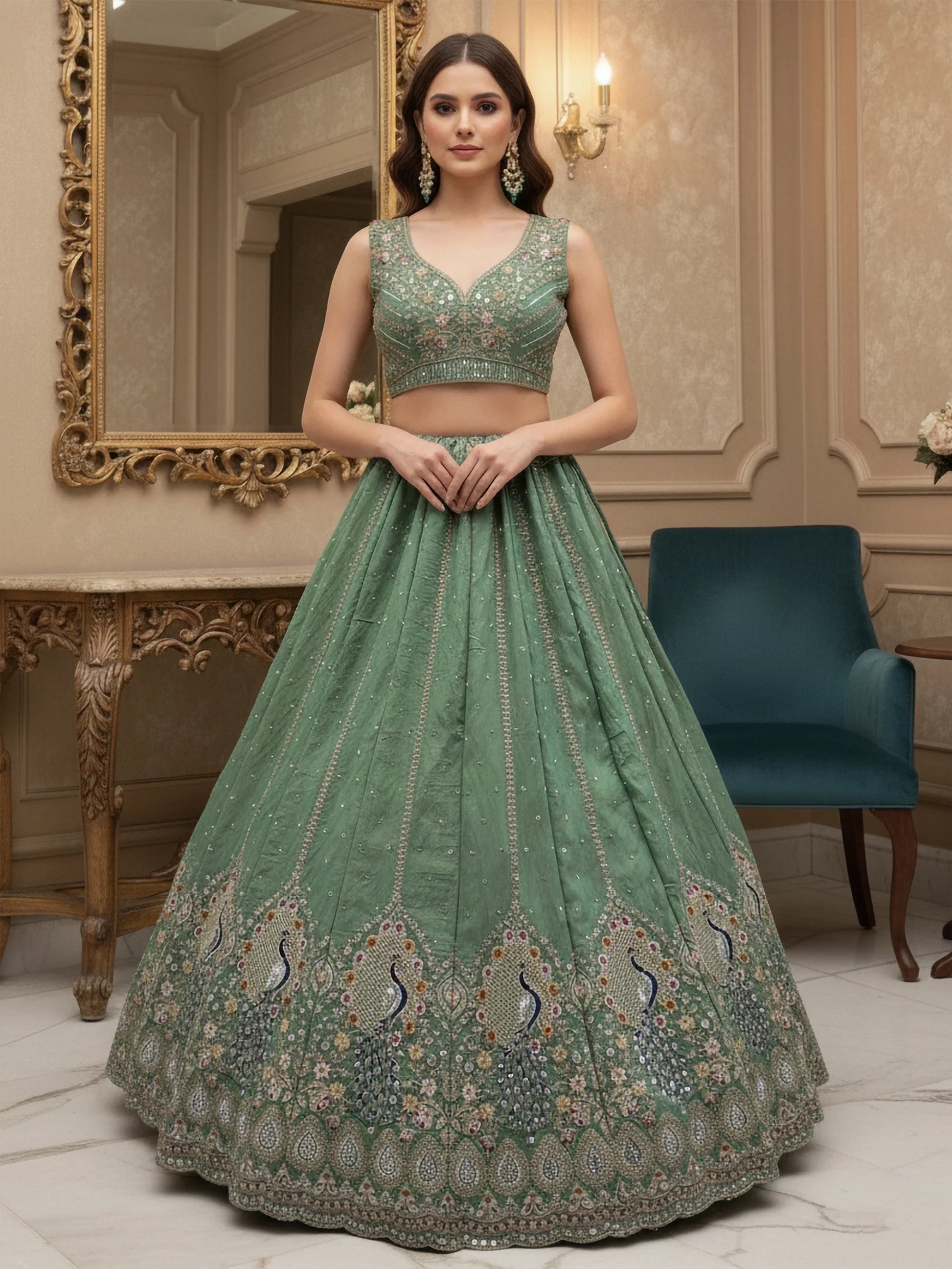 Regal Green Zircon Work Silk Mehendi Wear Lehenga Choli With Dupatta