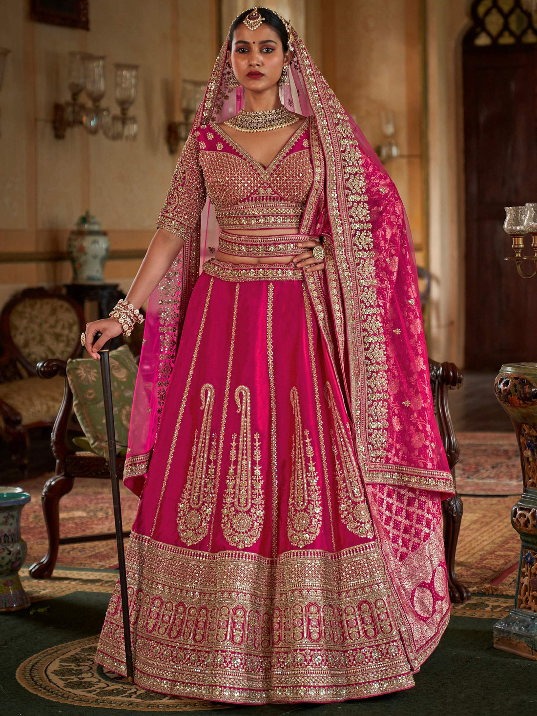 Regal Hot Pink Heavy Embroidered Silk Bridal Lehenga Choli With Double Dupatta