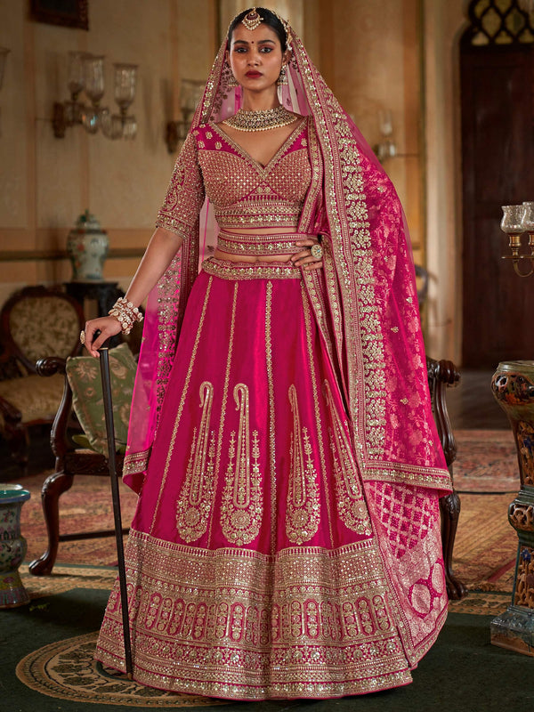 Regal Hot Pink Heavy Embroidered Silk Bridal Lehenga Choli With Double Dupatta