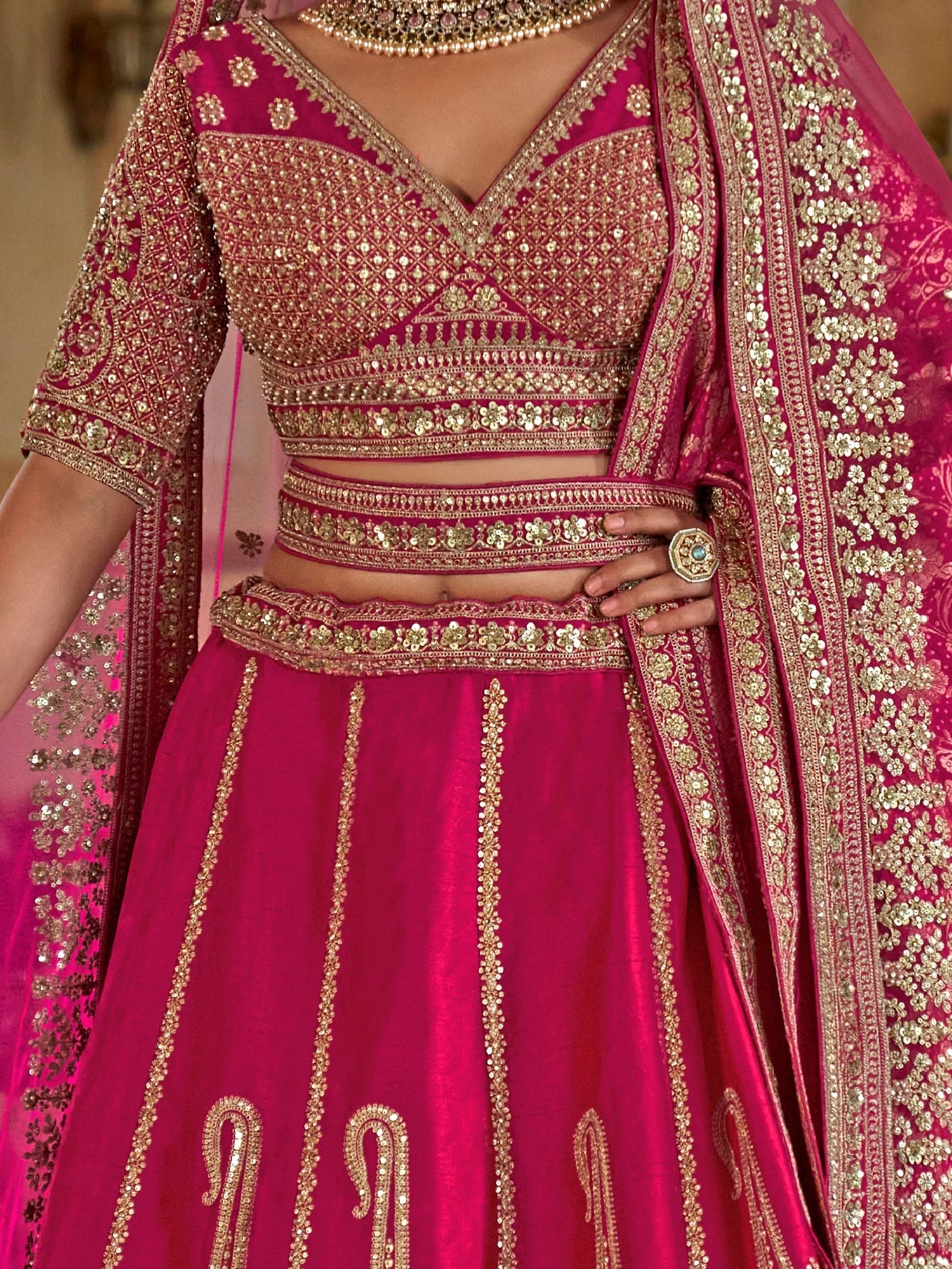 Regal Hot Pink Heavy Embroidered Silk Bridal Lehenga Choli With Double Dupatta