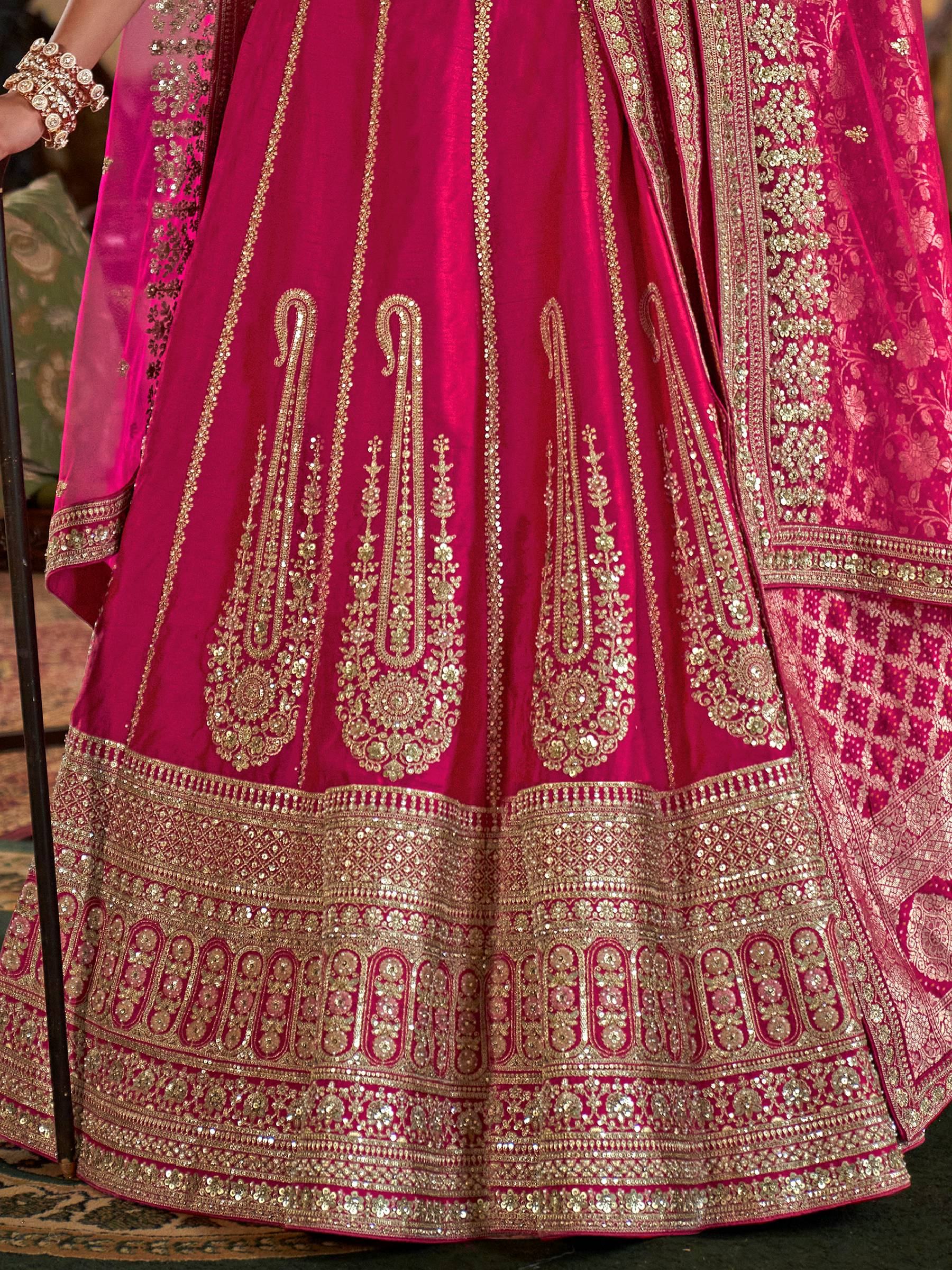 Regal Hot Pink Heavy Embroidered Silk Bridal Lehenga Choli With Double Dupatta