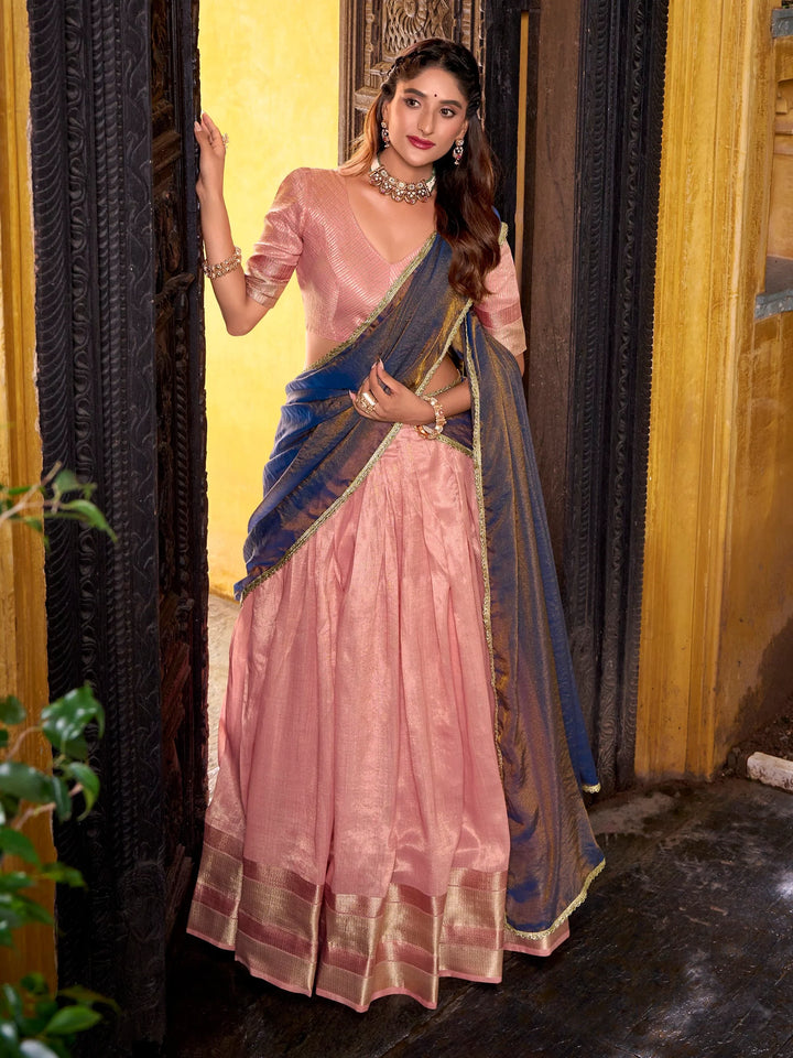 Regal Light Pink Zari Weaving Silk Wedding Wear Half Saree Lehenga
