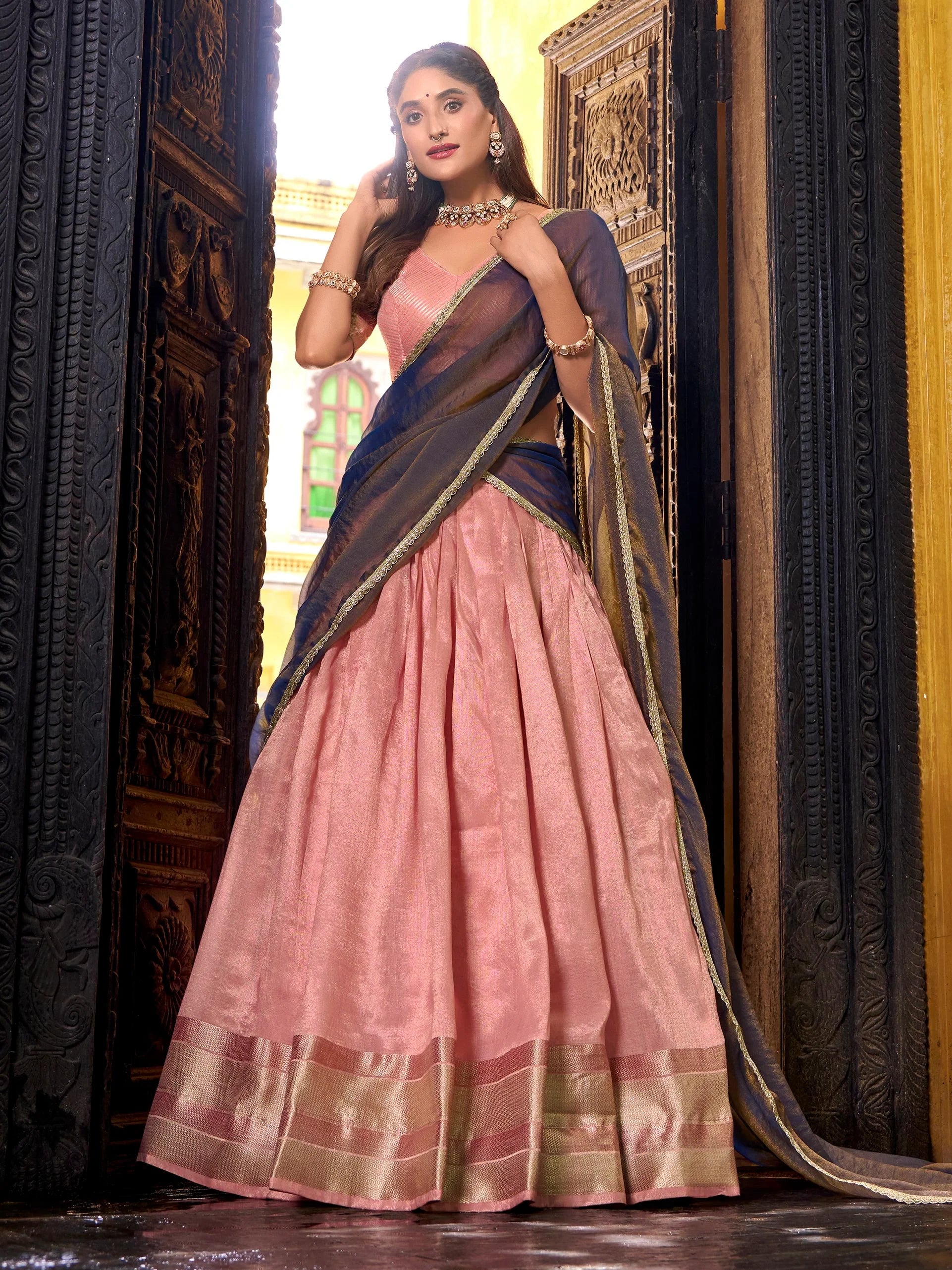 Regal Light Pink Zari Weaving Silk Wedding Wear Half Saree Lehenga
