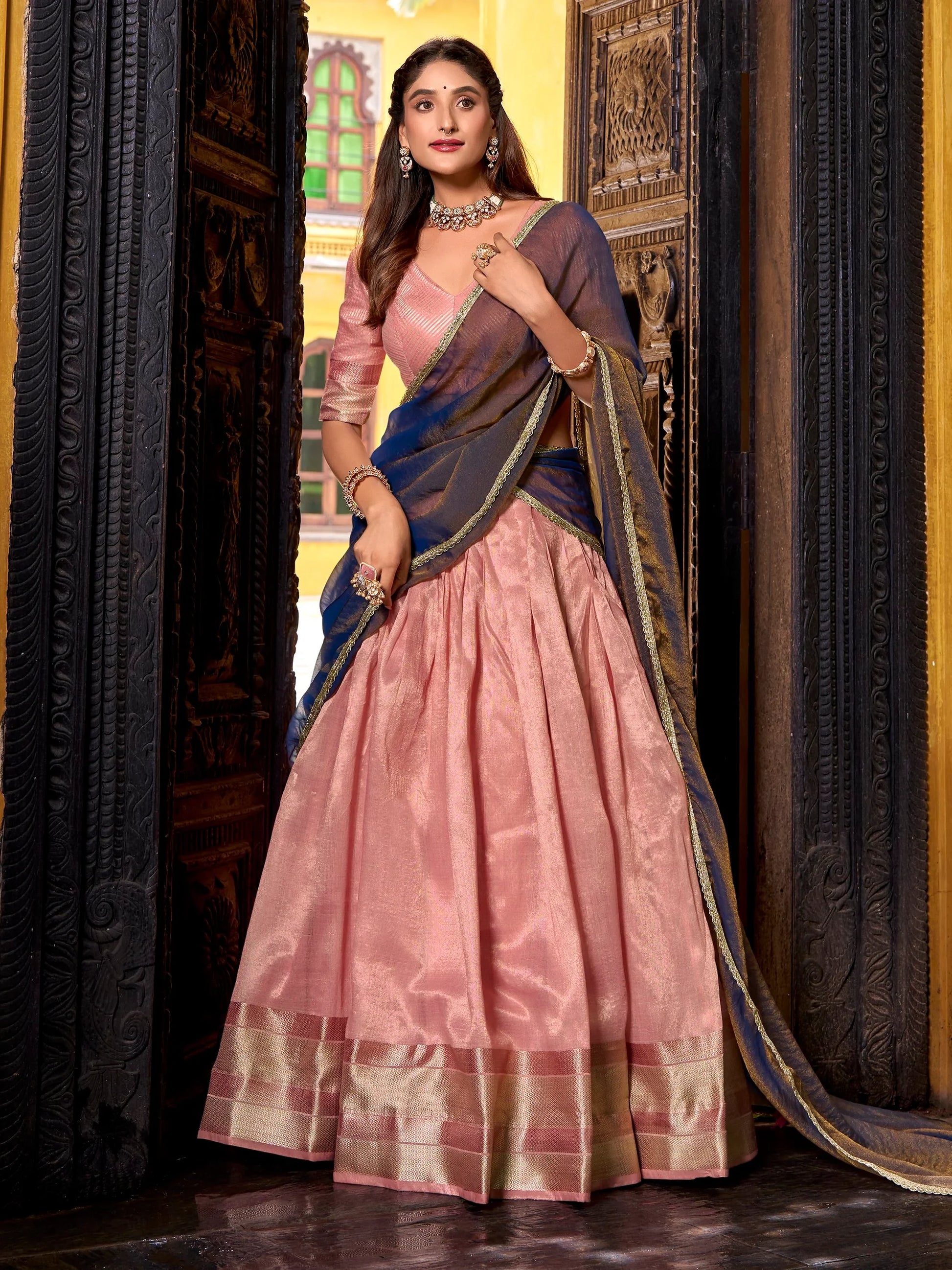 Regal Light Pink Zari Weaving Silk Wedding Wear Half Saree Lehenga