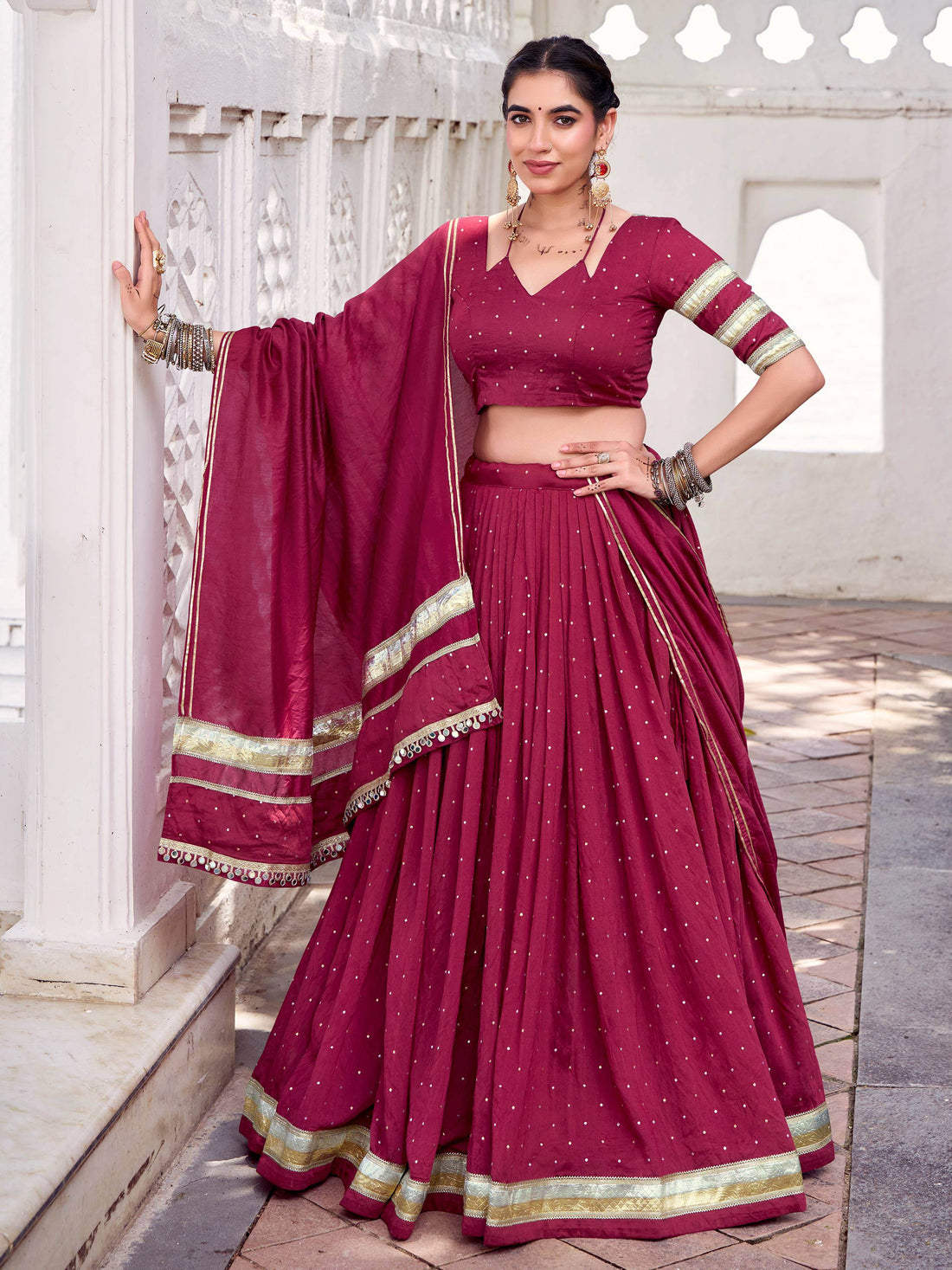 Regal Maroon Lace Work Chanderi Silk Navratri Special Lehenga Choli - Zeel Clothing