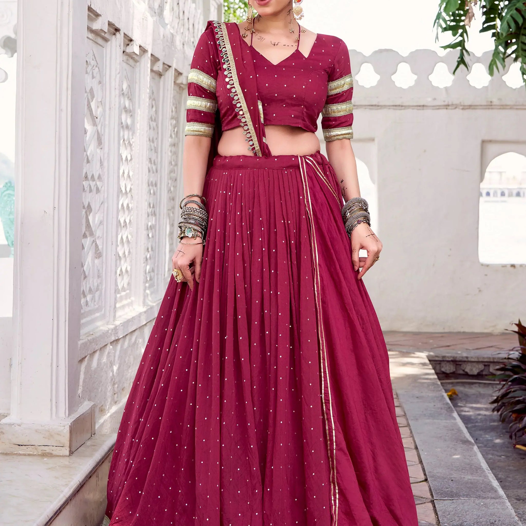 Regal Maroon Lace Work Chanderi Silk Navratri Special Lehenga Choli - Zeel Clothing