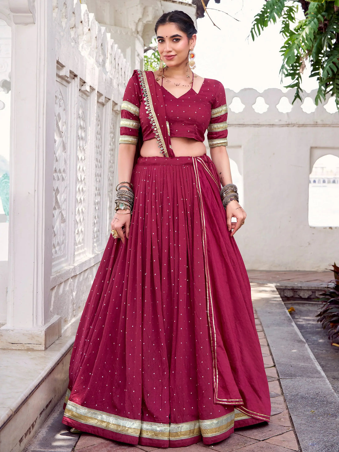 Regal Maroon Lace Work Chanderi Silk Navratri Special Lehenga Choli - Zeel Clothing