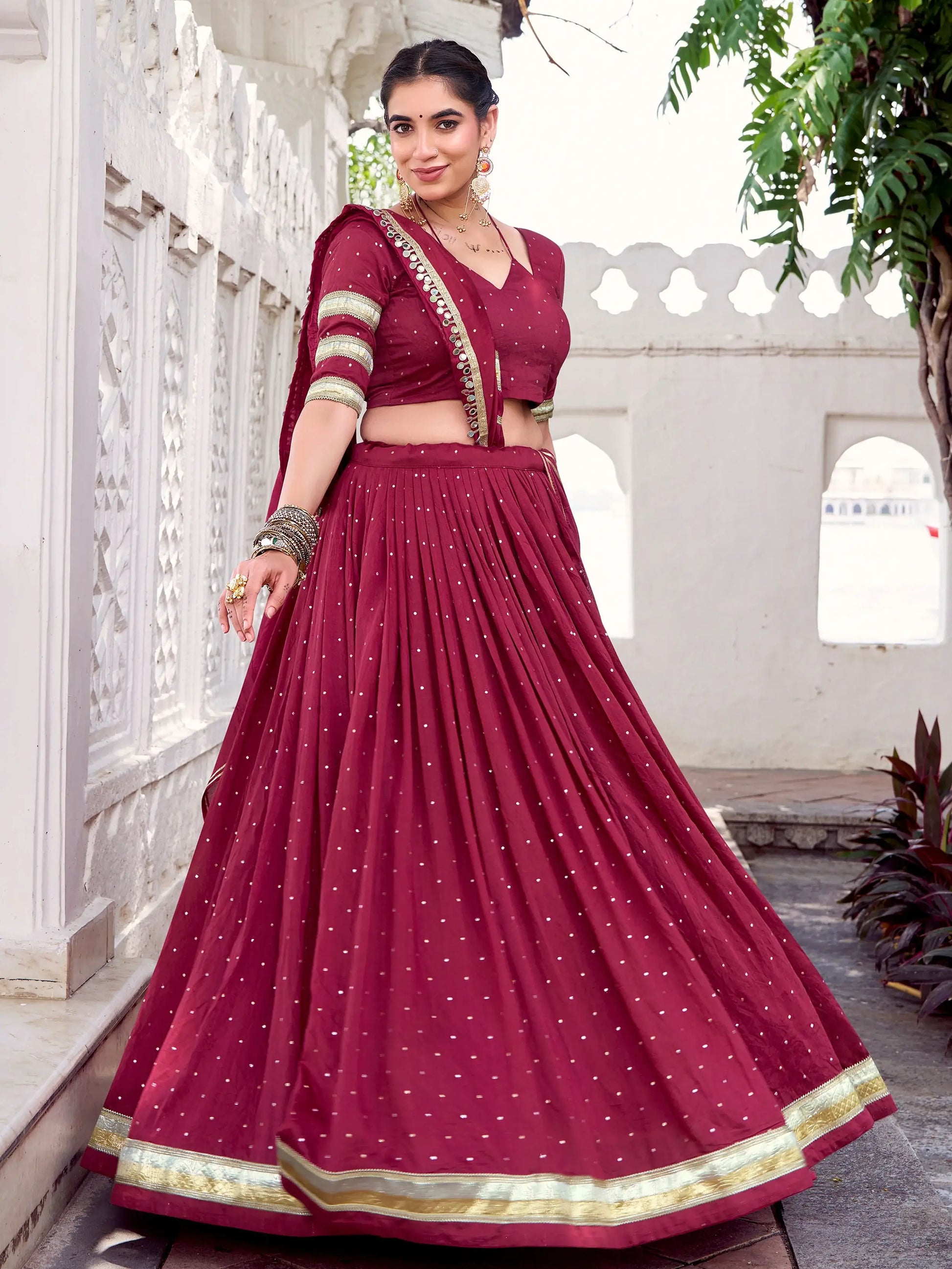 Regal Maroon Lace Work Chanderi Silk Navratri Special Lehenga Choli - Zeel Clothing