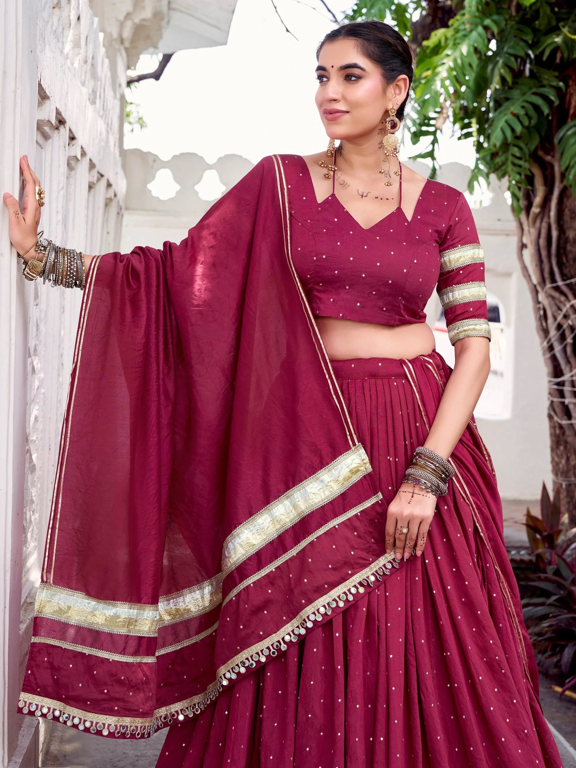 Regal Maroon Lace Work Chanderi Silk Navratri Special Lehenga Choli - Zeel Clothing