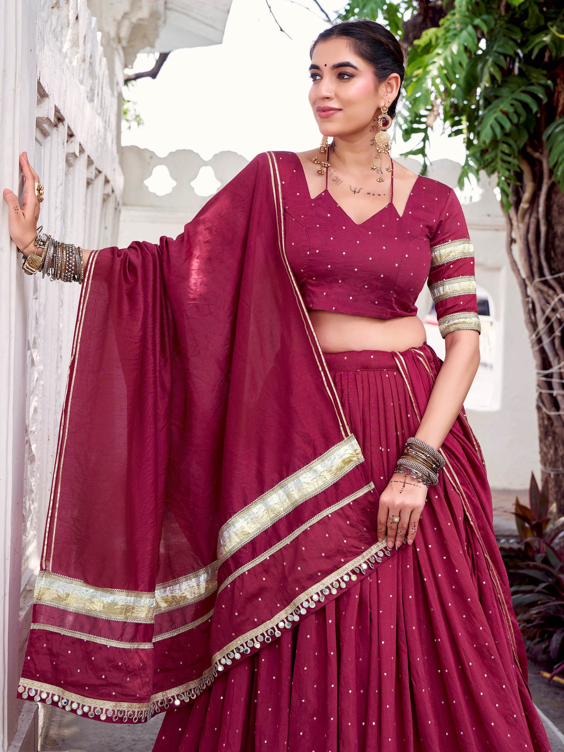 Regal Maroon Lace Work Chanderi Silk Navratri Special Lehenga Choli - Zeel Clothing