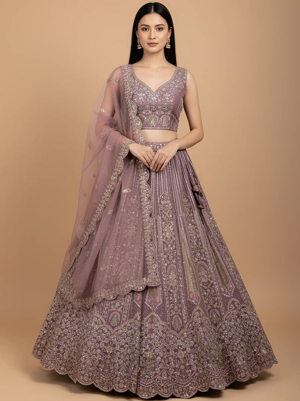 Regal Mauve Thread Embroidery Net Engagement Wear Lehenga Choli