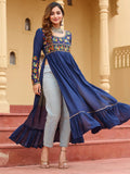 Regal Navy Blue Kutchi Gamthi Work Rayon Navratri Special Long Kurti - Zeel Clothing