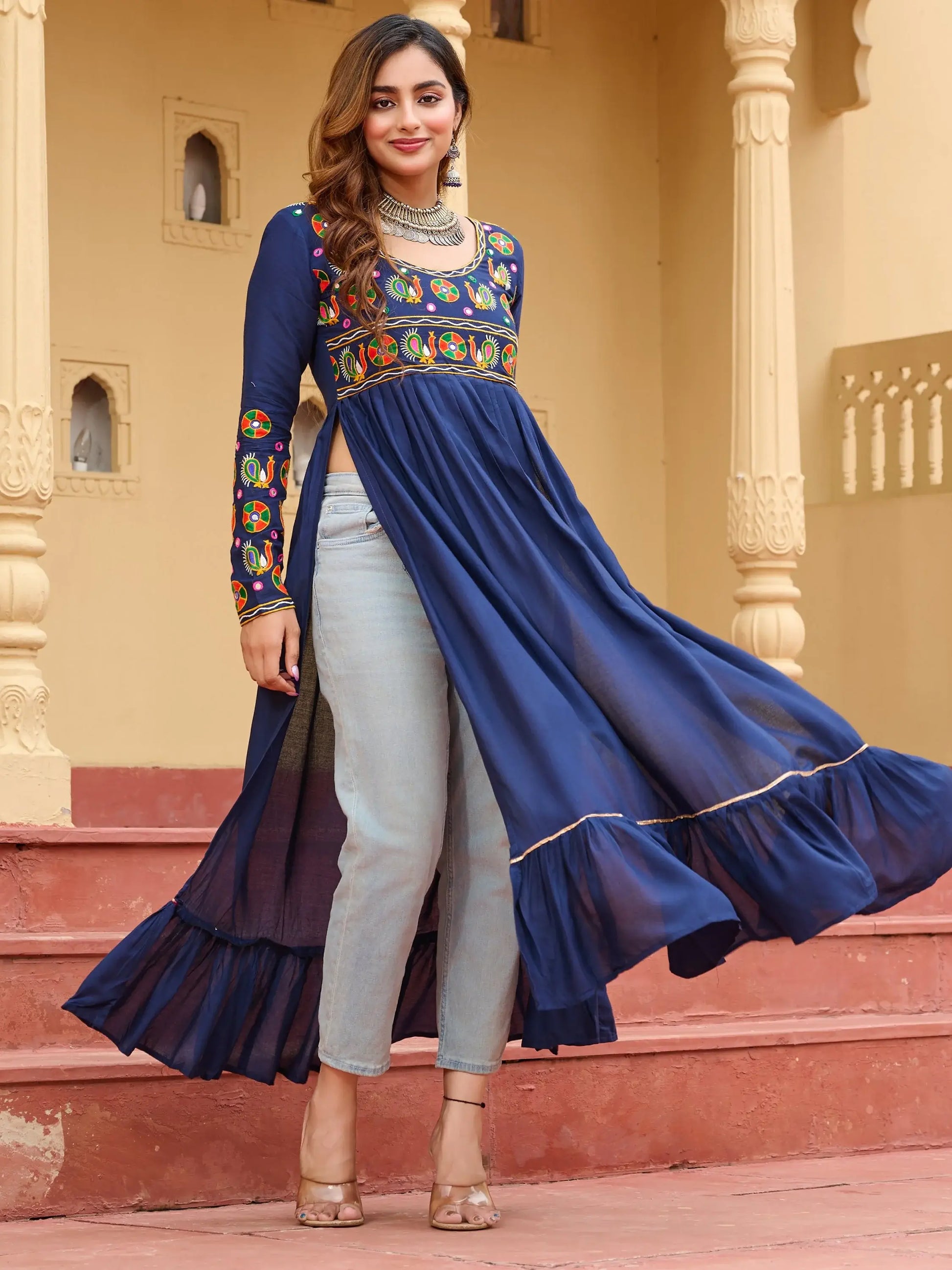 Regal Navy Blue Kutchi Gamthi Work Rayon Navratri Special Long Kurti - Zeel Clothing