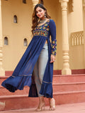 Regal Navy Blue Kutchi Gamthi Work Rayon Navratri Special Long Kurti - Zeel Clothing