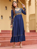 Regal Navy Blue Kutchi Gamthi Work Rayon Navratri Special Long Kurti - Zeel Clothing