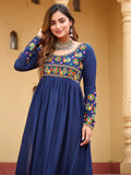 Regal Navy Blue Kutchi Gamthi Work Rayon Navratri Special Long Kurti - Zeel Clothing