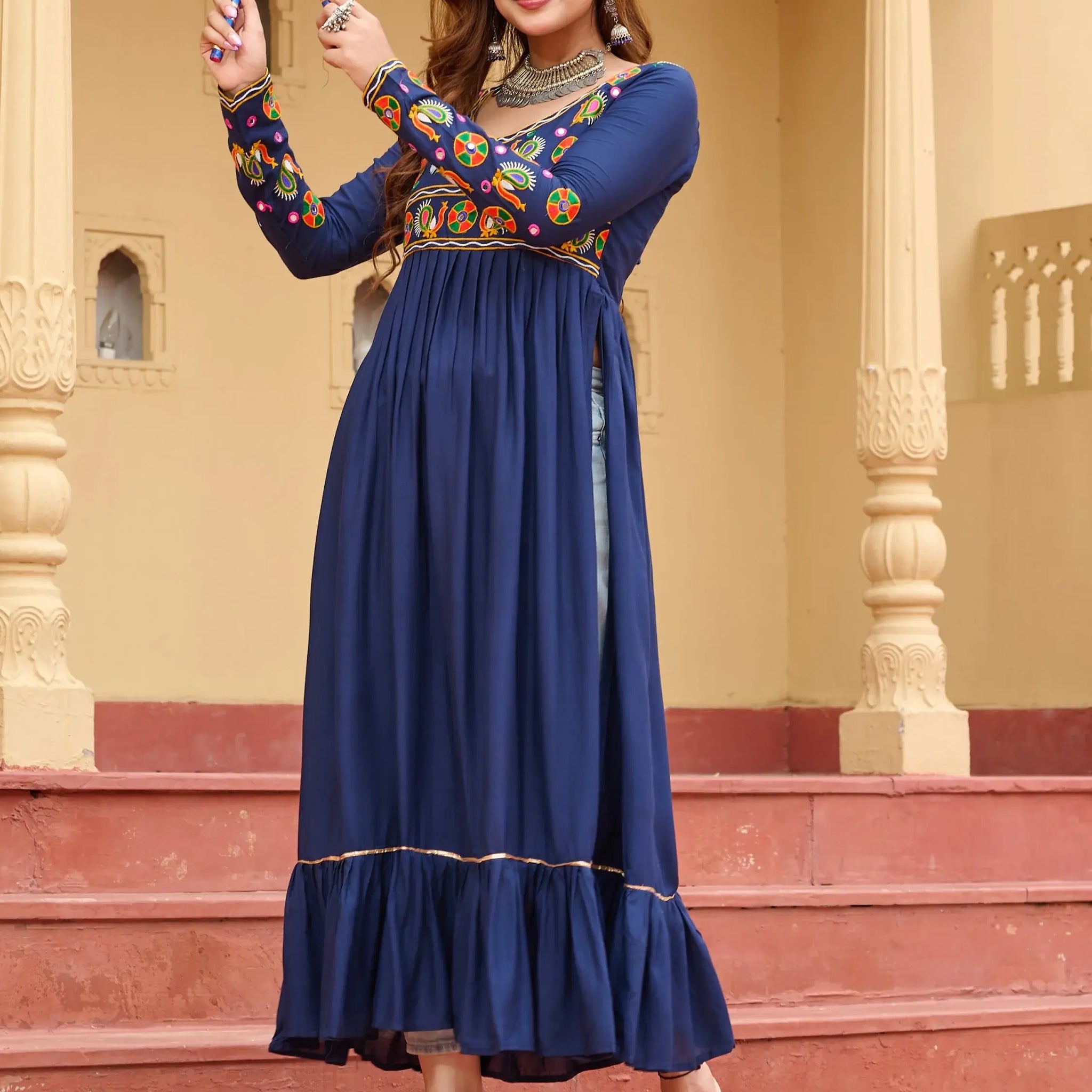 Regal Navy Blue Kutchi Gamthi Work Rayon Navratri Special Long Kurti - Zeel Clothing