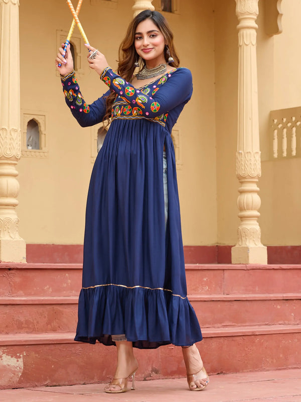 Regal Navy Blue Kutchi Gamthi Work Rayon Navratri Special Long Kurti - Zeel Clothing