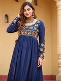Regal Navy Blue Kutchi Gamthi Work Rayon Navratri Special Long Kurti - Zeel Clothing