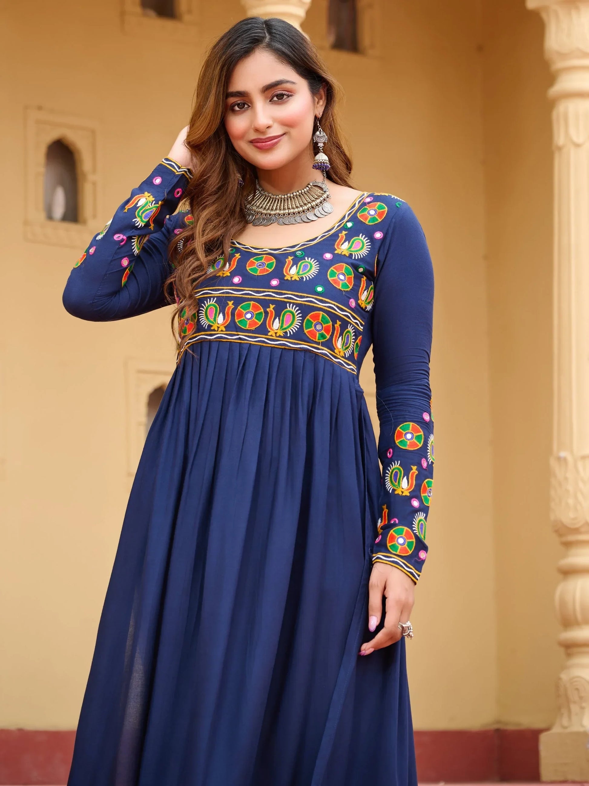 Regal Navy Blue Kutchi Gamthi Work Rayon Navratri Special Long Kurti - Zeel Clothing