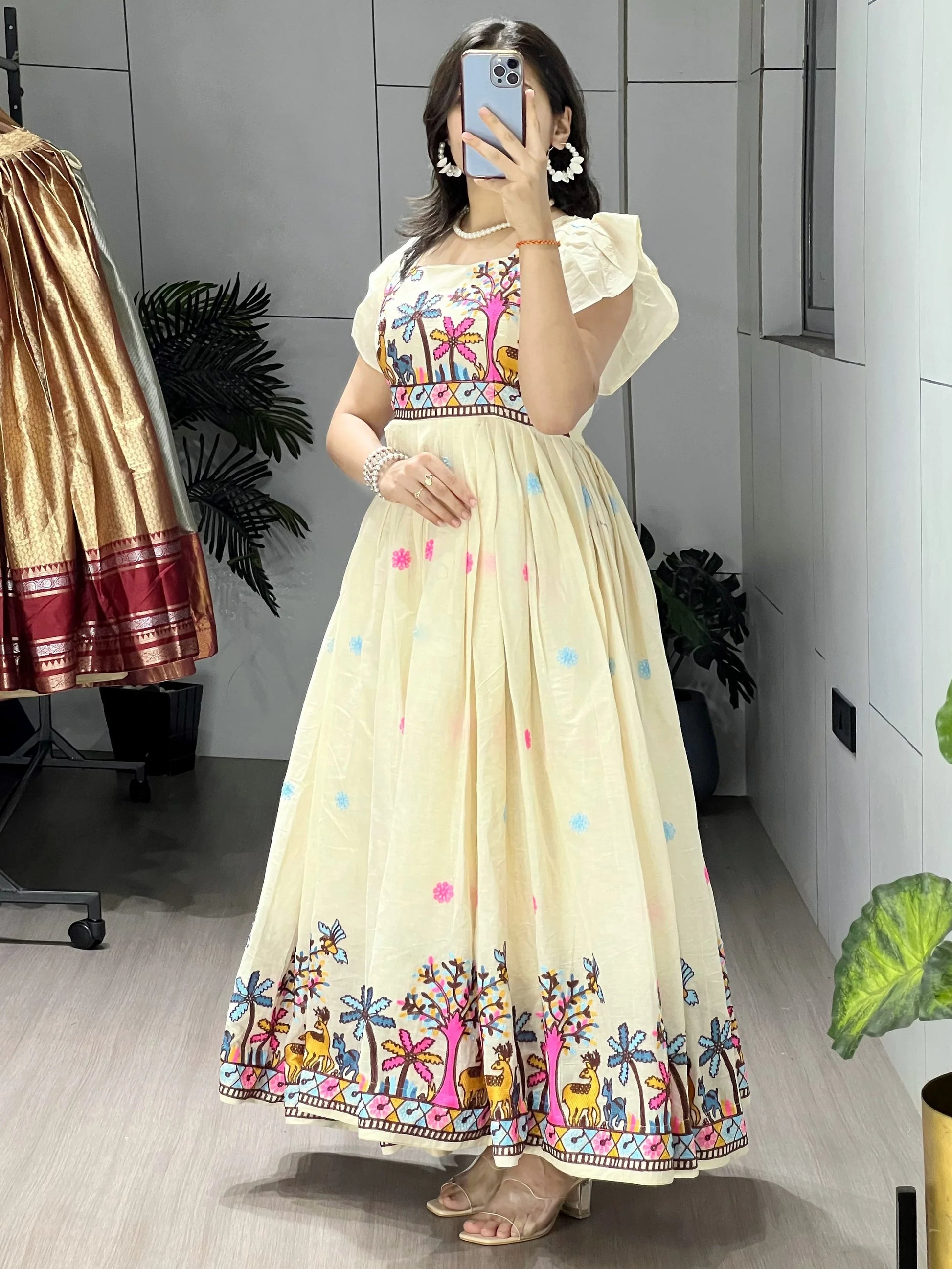 Regal Off White Floral Embroidery Cotton Casual Wear Dress