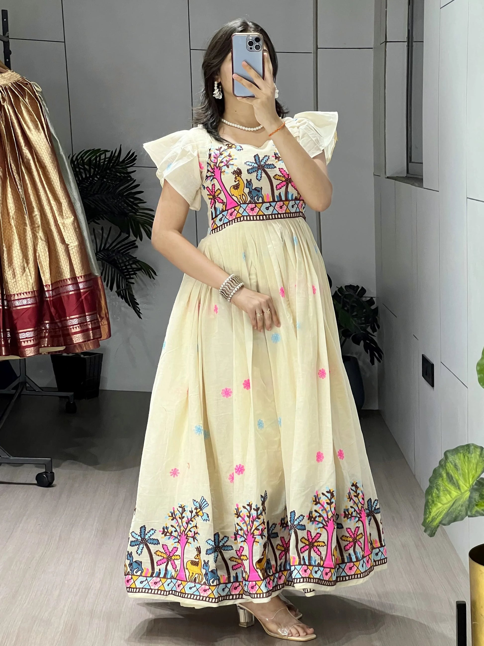 Regal Off White Floral Embroidery Cotton Casual Wear Dress