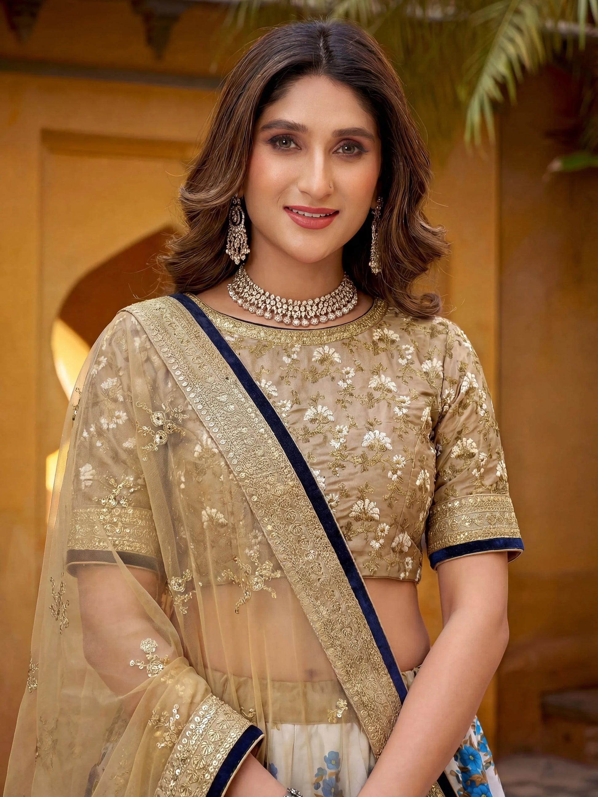 Regal Off-White Floral Printed Silk Sangeet Wear Lehenga Choli With Dupatta