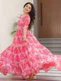 Regal Peach Printed Georgette Casual Wear Gown - Zeel Clothing