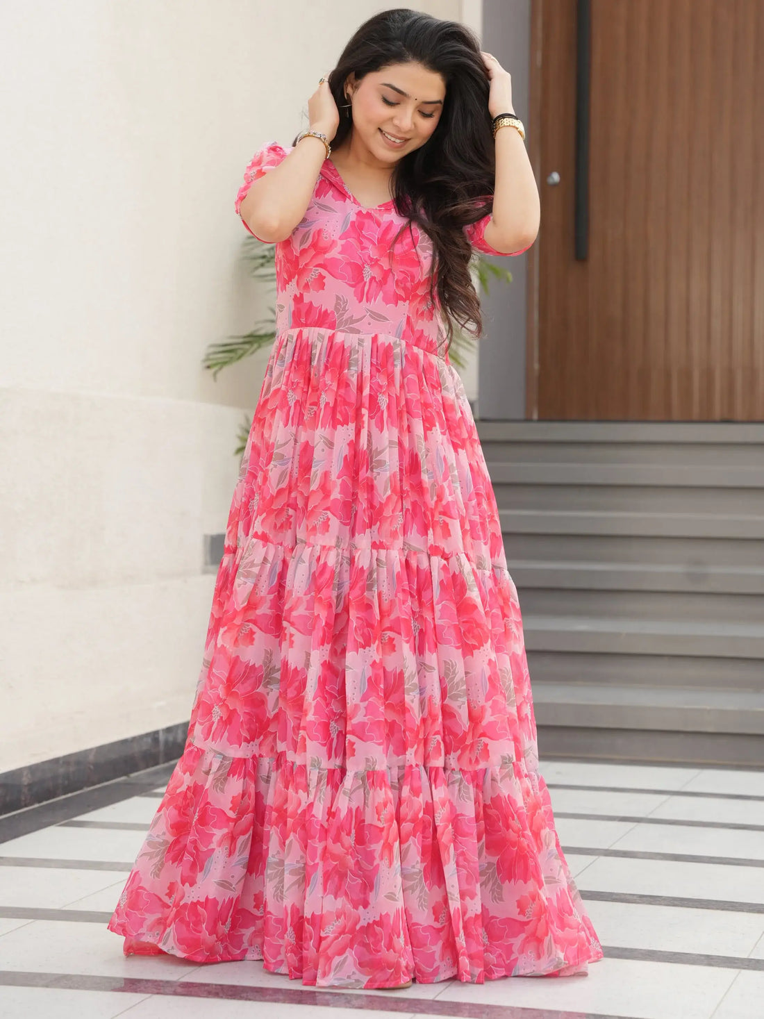 Regal Peach Printed Georgette Casual Wear Gown - Zeel Clothing