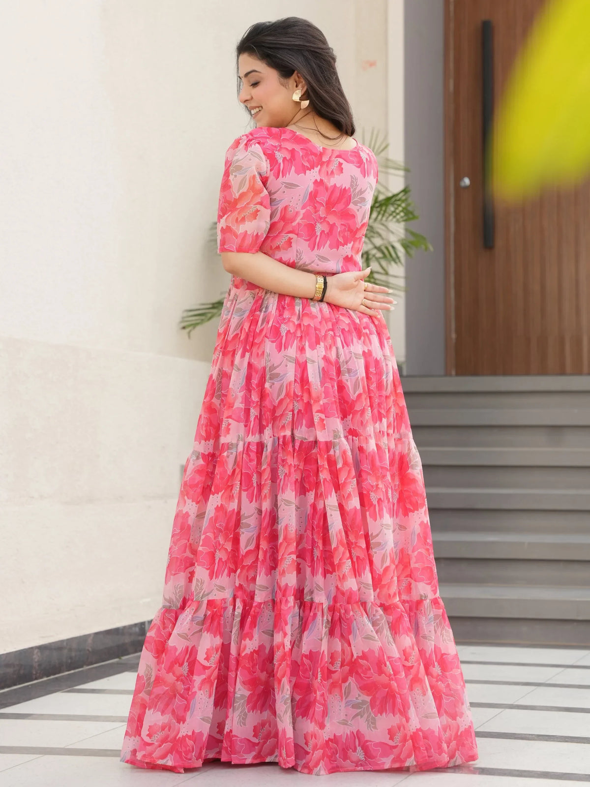 Regal Peach Printed Georgette Casual Wear Gown - Zeel Clothing