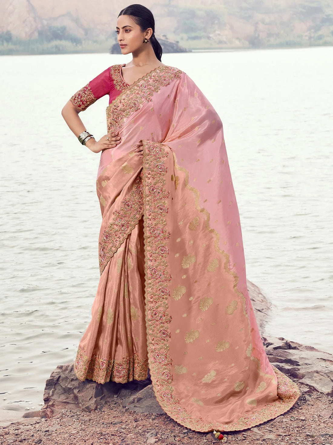Regal Peach Zari Weaving Tissue Engagement Wear Saree With Blouse