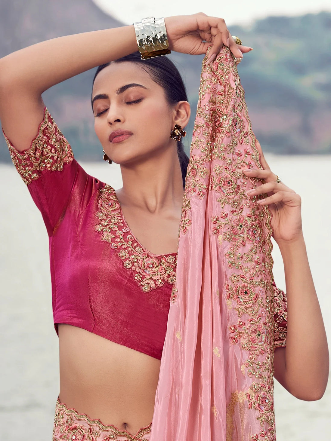 Regal Peach Zari Weaving Tissue Engagement Wear Saree With Blouse