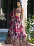 Regal Pink Floral Printed Organza Wedding Wear Lehenga Choli
