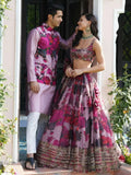 Regal Pink Floral Printed Organza Wedding Wear Lehenga Choli