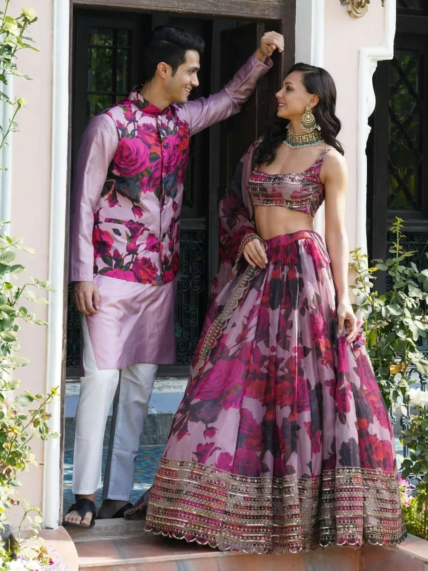 Regal Pink Floral Printed Organza Wedding Wear Lehenga Choli