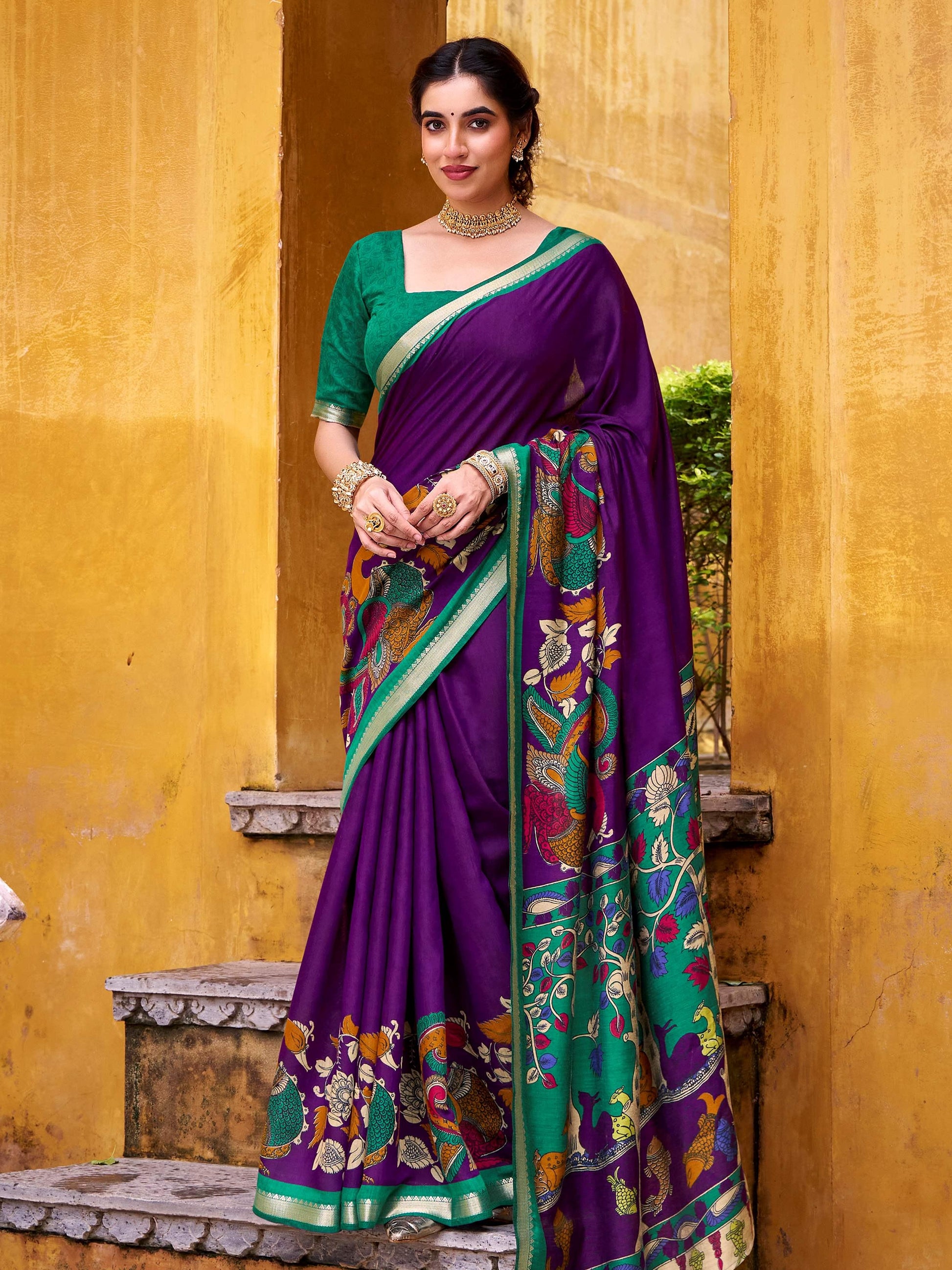 Regal Purple Kalamkari Print Chanderi Silk Festive Wear Saree With Blouse