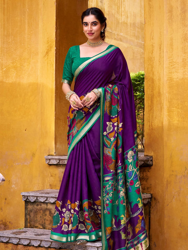 Regal Purple Kalamkari Print Chanderi Silk Festive Wear Saree With Blouse