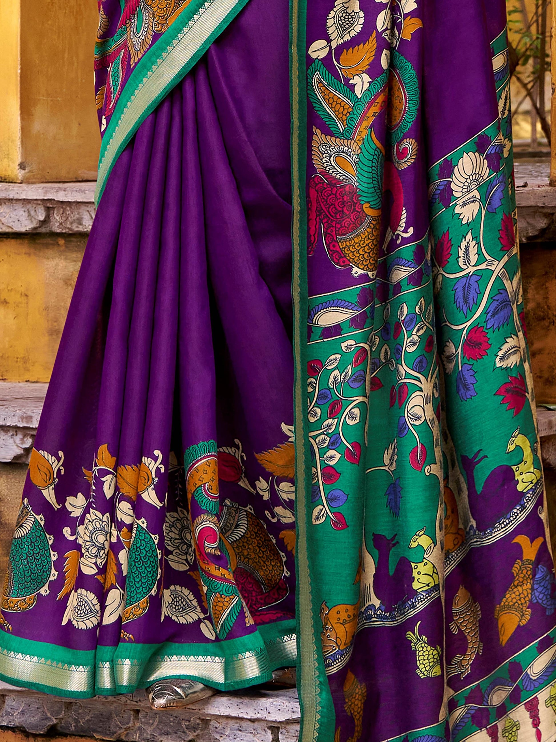 Regal Purple Kalamkari Print Chanderi Silk Festive Wear Saree With Blouse