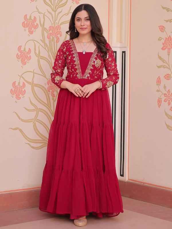 Regal Rani Pink Zari Embroidery Georgette Wedding Wear Gown - Zeel Clothing