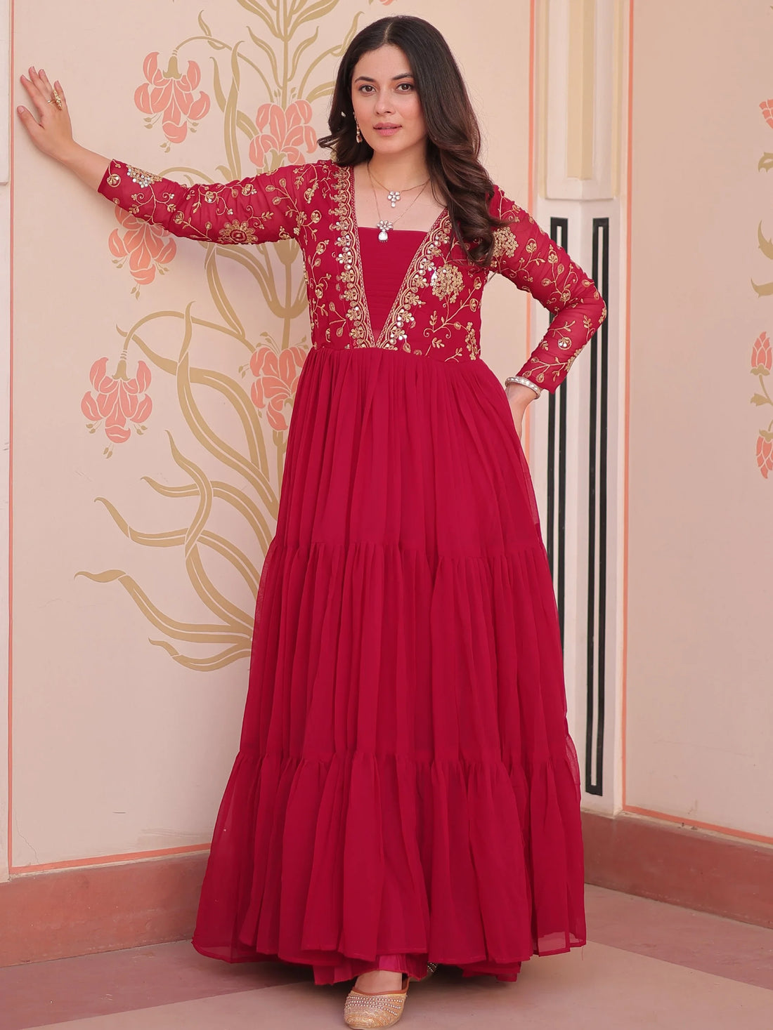 Regal Rani Pink Zari Embroidery Georgette Wedding Wear Gown - Zeel Clothing