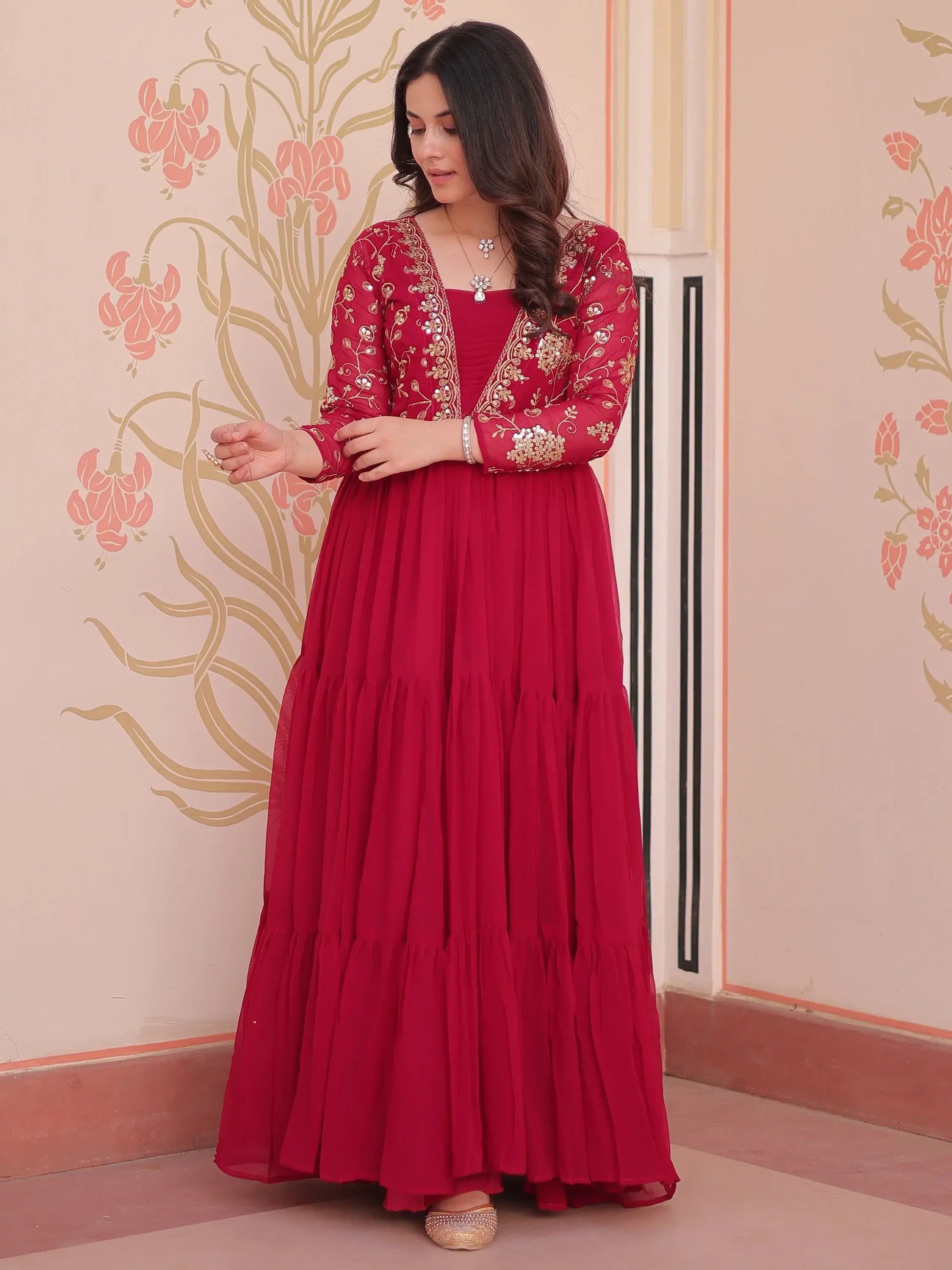 Regal Rani Pink Zari Embroidery Georgette Wedding Wear Gown - Zeel Clothing