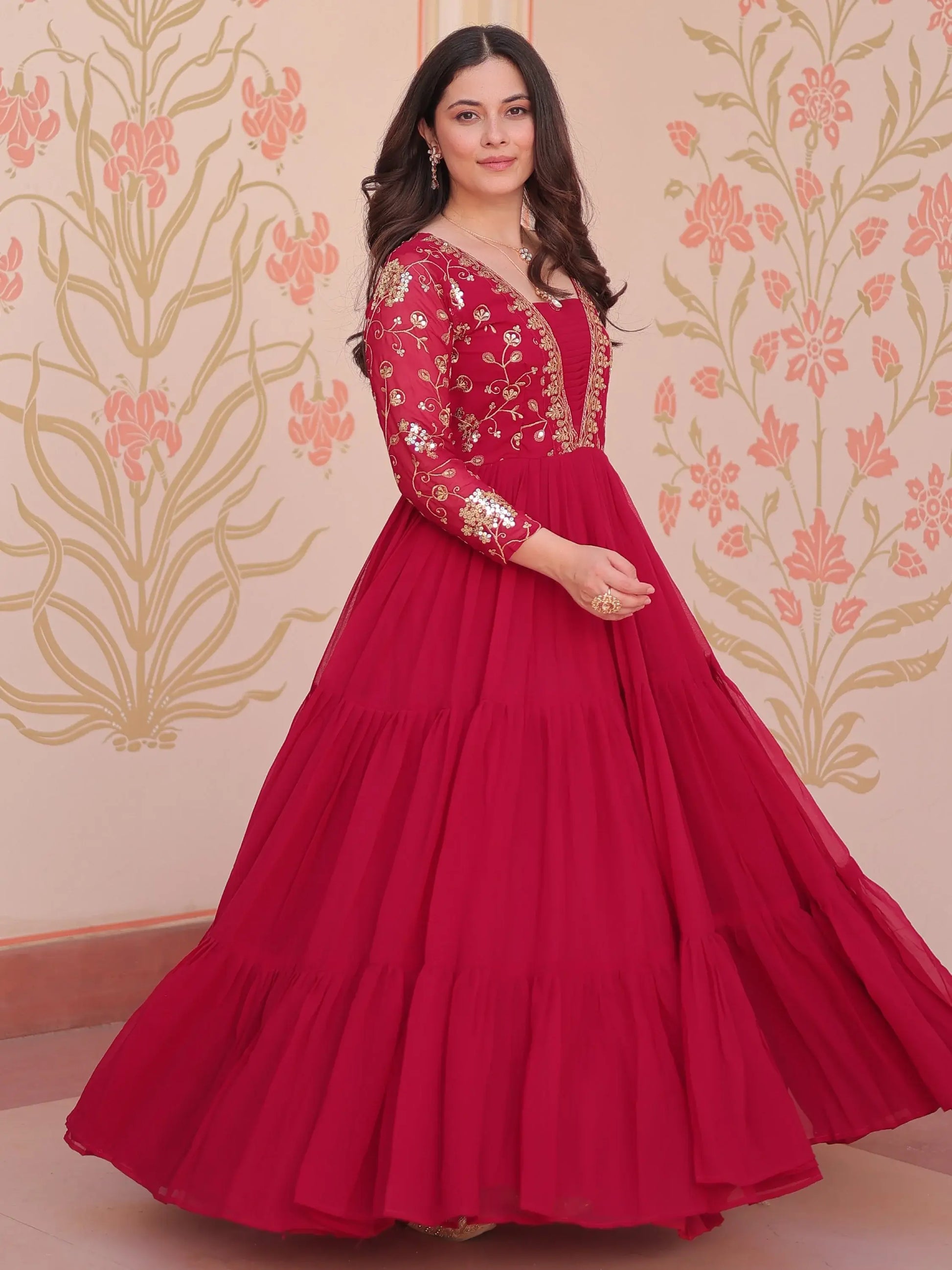 Regal Rani Pink Zari Embroidery Georgette Wedding Wear Gown - Zeel Clothing